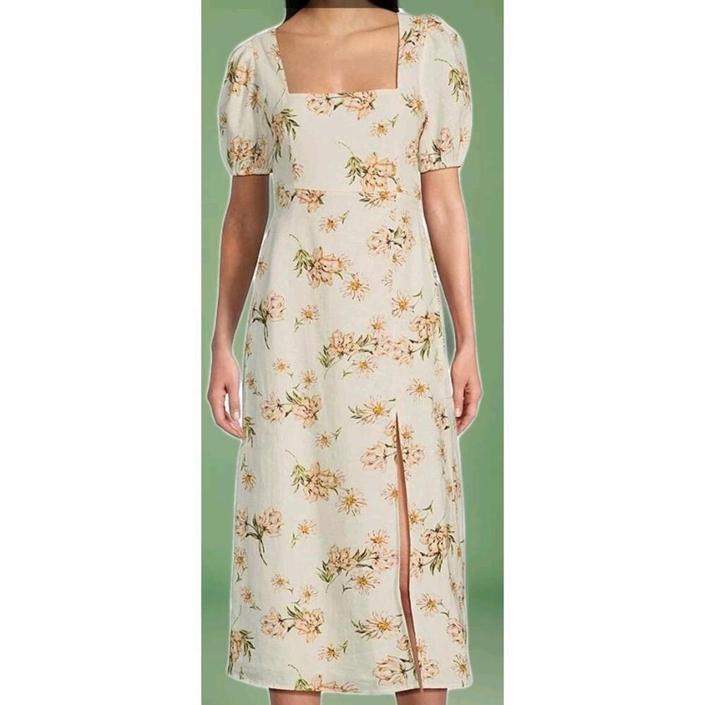 Slit White Floral Dress Puff Sleeve Party Guest Long Maxi Skirt Pastel MEDIUM